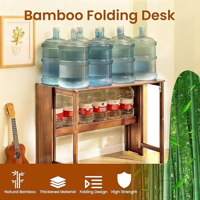 41 Bamboo Folding Desk with Bookshelf Folding Bamboo Desk for Small Spaces Computer Table Space Saving Wooden Desks for Home Bedroom Study Office Bamboos Writing Desks Brown