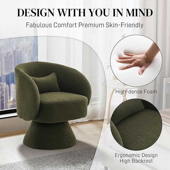 Swivel Barrel Chair Set of 2 Upholstered Swivel Cuddle Accent Chairs for Living Room Comfy 360°Small Boucle Sherpa Barrel Armchair for Bedroom Nursery (Emerald GreenTeddy)