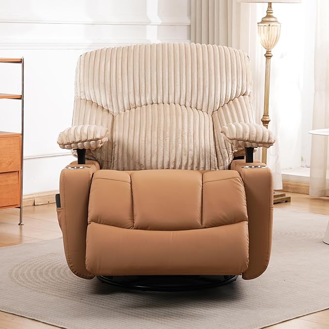 GRAINELL Rocking Chair Nursery Electric Swivel Recliner Glider with Adjustable Armrests Nursing Chair with USB Charger Cup &amp Blanket Holders Brown Corduroy &amp PU Leather