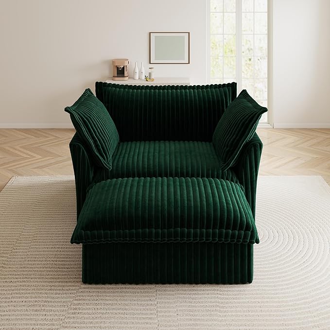 Modular Accent Armchair with Ottoman and Pillows Soft Corduroy Lounge Chair for Living Room Bedroom or Reading Nook – Oversized Chaise Lounge Design (Green Chair+Ottoman)