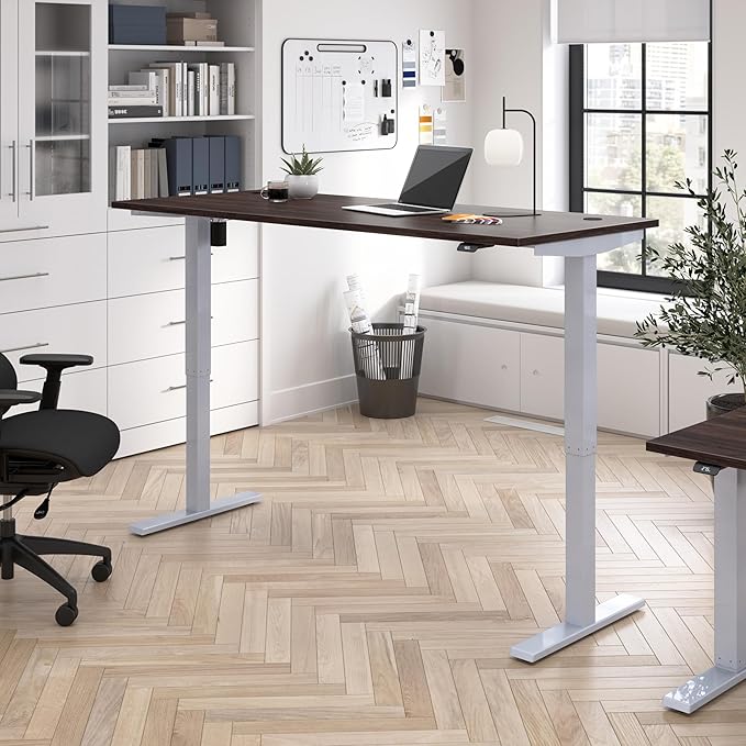 Bush Business Furniture 72-inch Electric Height Adjustable Standing Desk Ergonomic Sit-Stand Computer Table for Home and Professional Office Move 40 Series Black Walnut with Metallic Gray Base