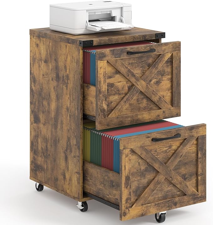 2 Drawer Small File Cabinet with Wheels Farmhouse Vertical Filing Cabinet Fits A4 or Letter Size Under Desk Rolling File Cabinets for Home Office Wooden Printer Stand Brown