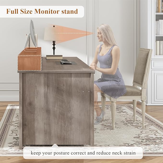 SEDETA Farmhouse 63 Executive Desk Wood Computer Desk with Drawers and Storage Cabinet Home Office Desk with File Drawer and Monitor Stand Wood Desk for Work Study Writing Grey