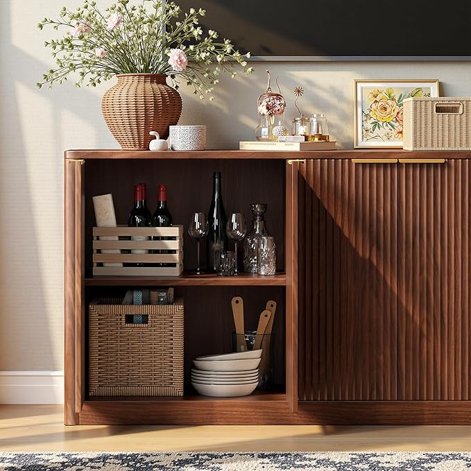 Evermagin 67 Walnut Fluted TV Stand for TVs up tp 75 Mid-Century Modern Entertainment Center with Storage Cabinets and Fluted Doors Wood Media TV Consoles for Living Room and Bedroom Furniture