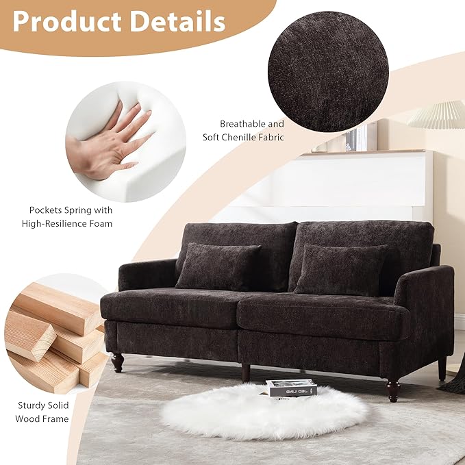 69” Modern Chenille Loveseat Sofa Couch Upholstered 2 Seat Love Seat Deep Seat Small Couch with 2 Pillows and Sturdy Wood Legs for Living Room Bedroom Apartment (Black)