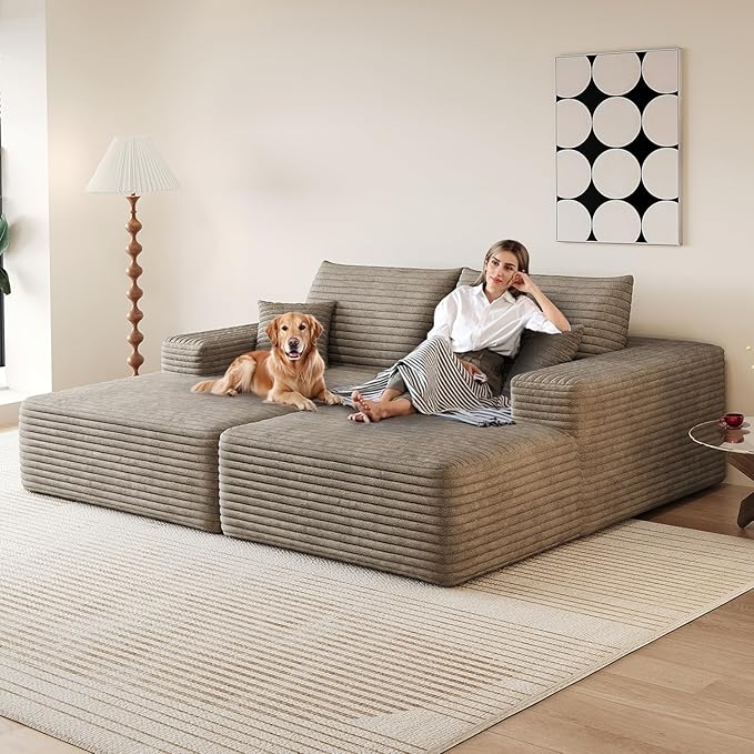 80.3''Oversized Double Lounge Chaise Sofa Bed Boneless Cloud Couch Deep Seat No Assembly Required Modern Corduroy Sleeper Loveseat Chair for Living Room Bedroom Reading (Camel)