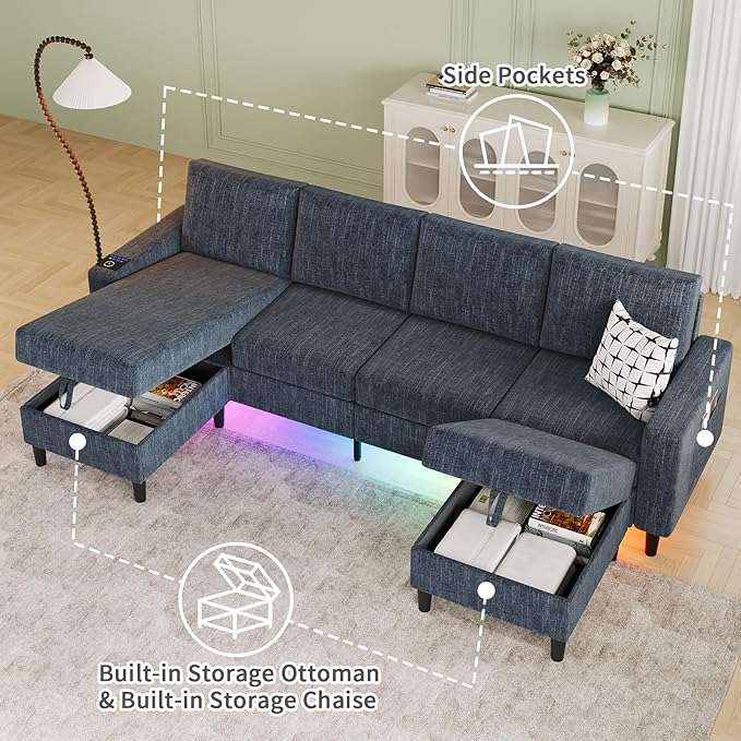 Sectional Couches for Living Room 6-Seats Soft Linen Fabric Sectional Sofa with Storage Ottoman Modern Convertible U/L Shaped Couch with Smart Charging Module/LED Light/Music Sync (Blue)