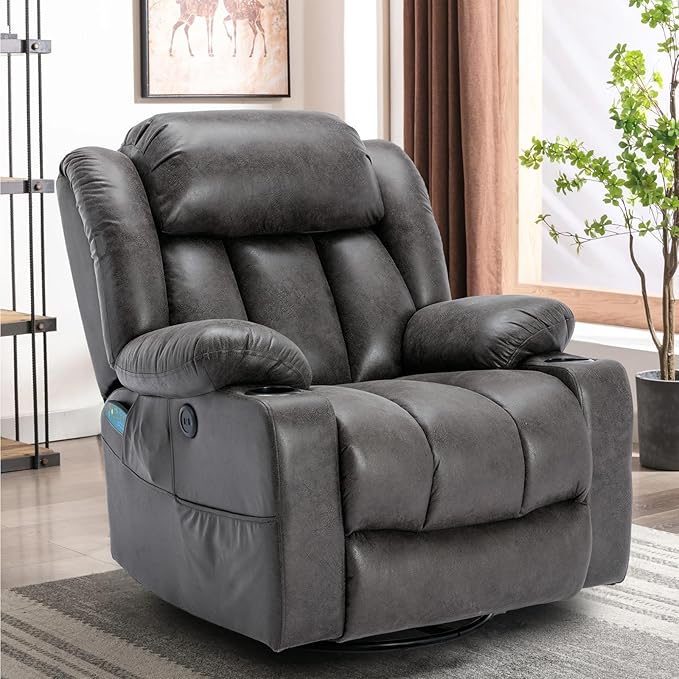 360° Swivel Glider Rocking Recliner Chair Overstuffed Manual Massage Recliner with Heat and Vibration Single Modern Sofa Home Theater Seating for Living Room USB Ports/Cup Holders (Grey)