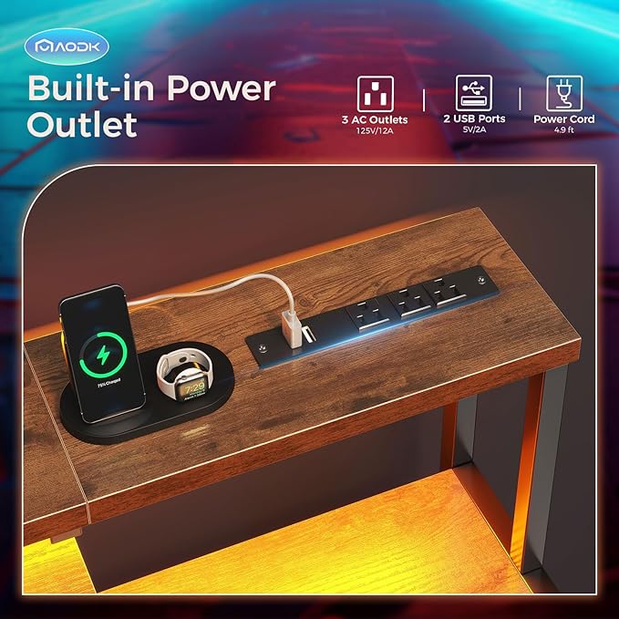 AODK Computer Desk 48 Inch Gaming Desk with Led Lights &amp Power Outlet Office Desk with Storage Shelves Reversible Desk with Monitor Shelf &amp Headphone Hook Rustic Brown
