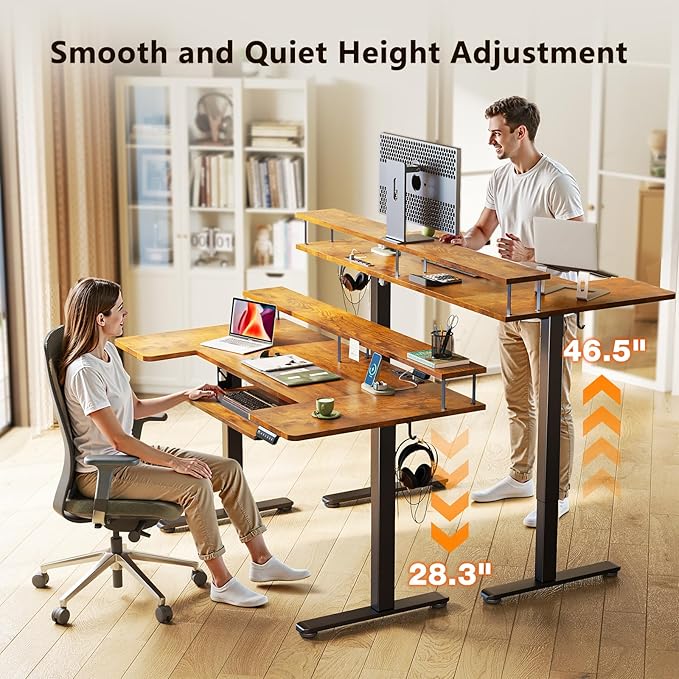 OffiGo U Shaped Electric Standing Desk with Keyboard Tray 55 Inch Height Adjustable Desk with Power Outlets &amp LED Lights Sit Stand Table with Monitor Stand for Home Office Rustic Brown