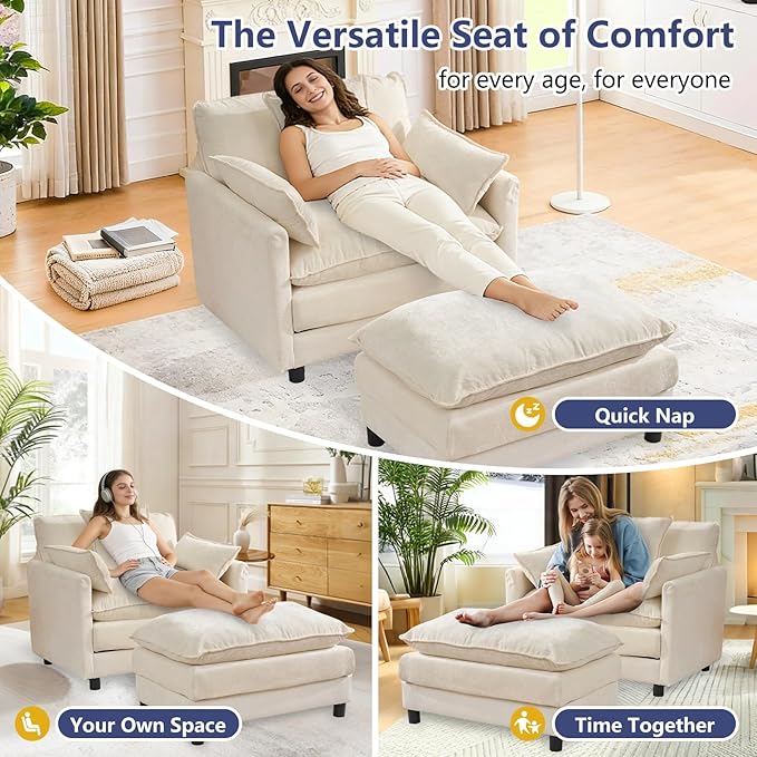 cinkehome Oversized Accent Chair with Ottoman Comfy Upholstered Armchair with Deep Seat Overstuffed Lounge Chair for Living Room Reading Nook (Beige Chenille)