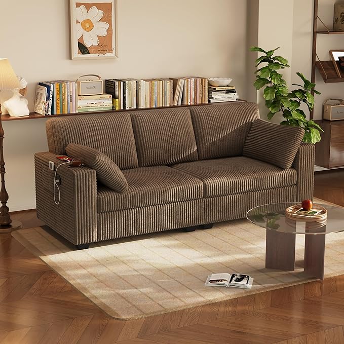 80'' Couches for Living Room Corduroy Cloud Couch Sofa with Cup Holders &amp USB 2 Pillows Comfy 3 Seater Sofas Modern loveseat Couch for Small SpaceApartmentBedroom Light Brown