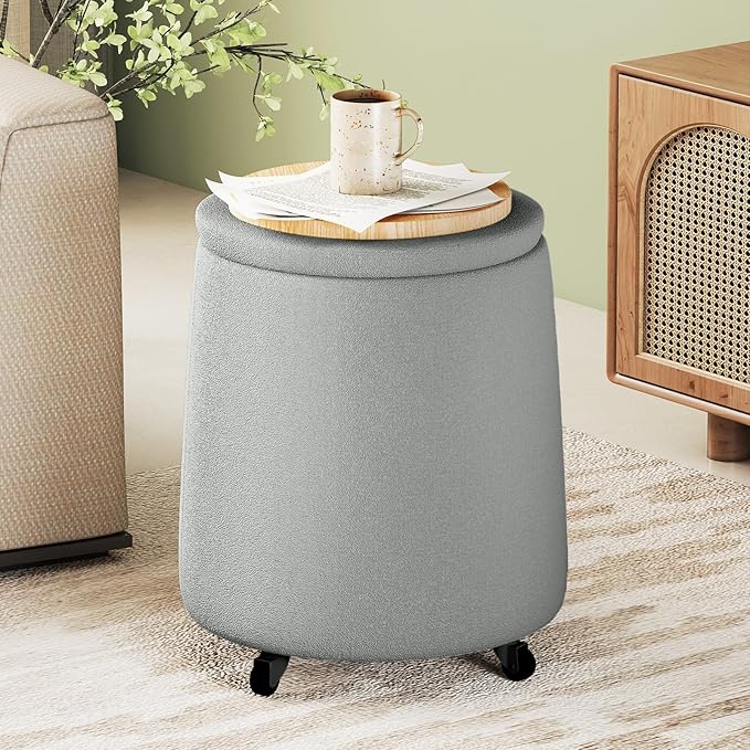 Storage Ottoman with Wheels 15W Swivel Rolling Foot Stool Boucle Terry Fabric Coffee Table Ottoman with Hidden Storage Round Vanity Stools for Makeup Room Living Room Bedroom Entryway Dorm Grey