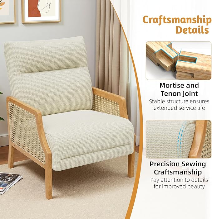 Rattan Accent Chair Set of 2 Mid Century Modern Armchair with Back Cushions and Ash Wood Legs Arm Chair for Living Room Beige