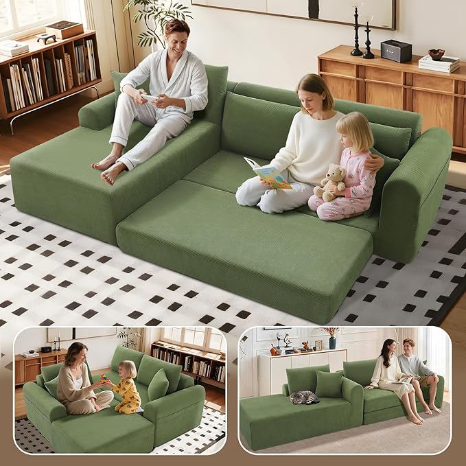 KBQ Modular Sectional Couch in a Box 103 L Shaped Boneless Cloud Couch with Deep Seat Convertible Sofa Bed for Living Room Bedroom Apartments No Assembly Required Green Left Facing Chaise