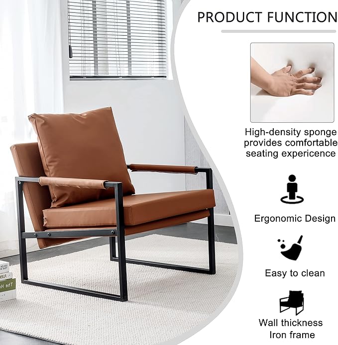 PU Leather Accent Arm Chair Mid Century Modern Upholstered Armchair with Metal Frame Extra Thick Padded Backrest and Seat Cushion Sofa Chairs for Living Room (Brown PU Leather Metal Frame Foam)