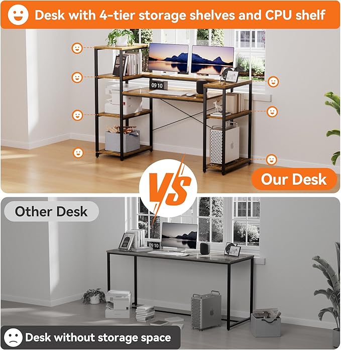 63-Inch Office Desk with Storage Shelves Computer Desk Home Desk with Monitor Stand for Study Writing PC Work Gaming Rustic Brown