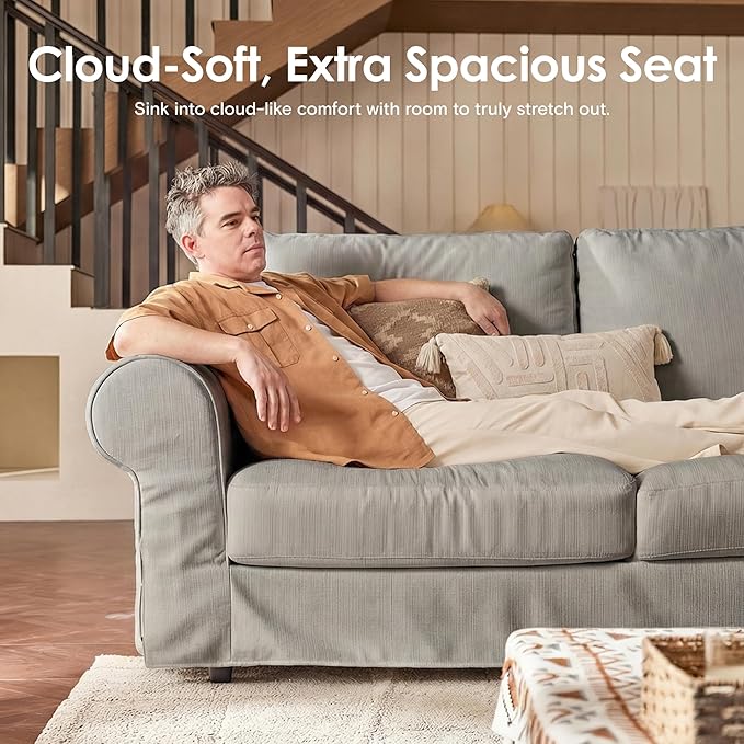 118 Oversized 3 Seater Cloud Couch Farmhouse Comfy Slipcoverd Sofa with Rolled Arms Washable Couches with Deep &amp Wide seat for Living Room Gray