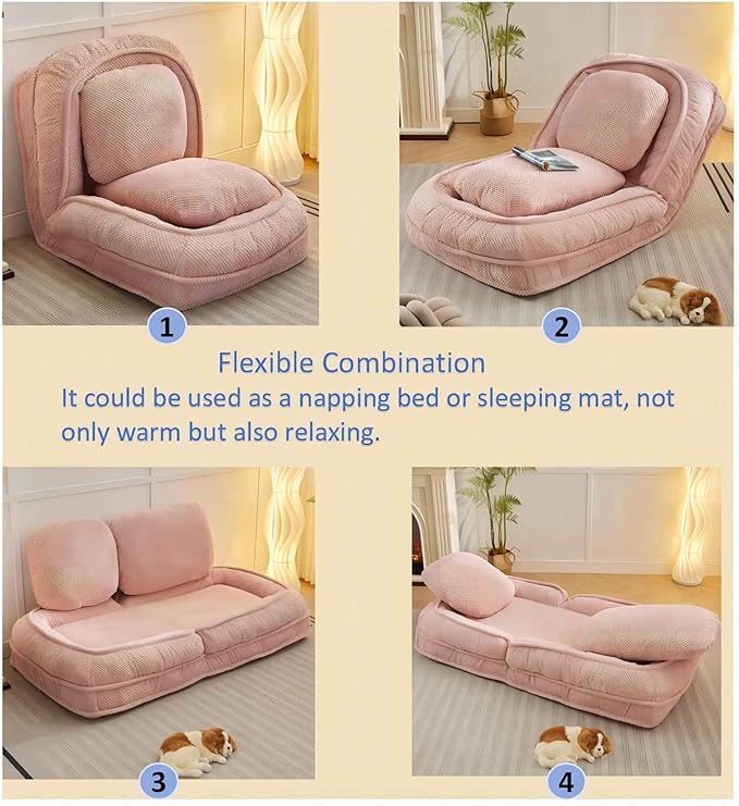Lazy Sofa Couch 5 Adjustable Position Floor Sofa Fits with 2 Pillows Folding Tatami Lazy Bed Suit to Put in Bedroom Living Room (Pink)