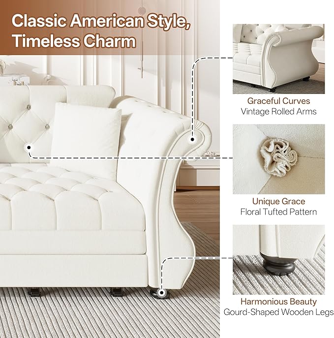 97.6'' King Size Pull Out Sofa Bed Velvet 3-in-1 Convertible Sleeper Sofa Bed Chesterfield Rolled Arm Flower Tufted Oversized Deep Seat Loveseat Sofa for Living Room Apartment Beige | Breathable