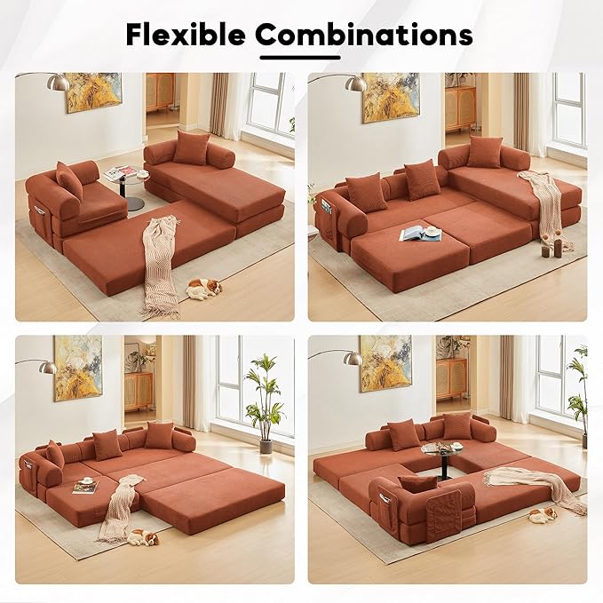 L Shaped Modular Sofa Bed with Cylindrical Pillow &amp Reversible Chaise Corduroy Folding Floor Convertible Sofa Couch Bed with Fixed-Shape Frame &amp Storage Pocket for Living Room Orange