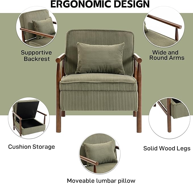 Accent Chair Comfy Modern Mid-Century Accent Chairs with Storage Corduroy Upholstered Lounge Armchair with Solid Wood Reading Side Single Sofa for Living Room/Office/Balcony/Bedroom-Green