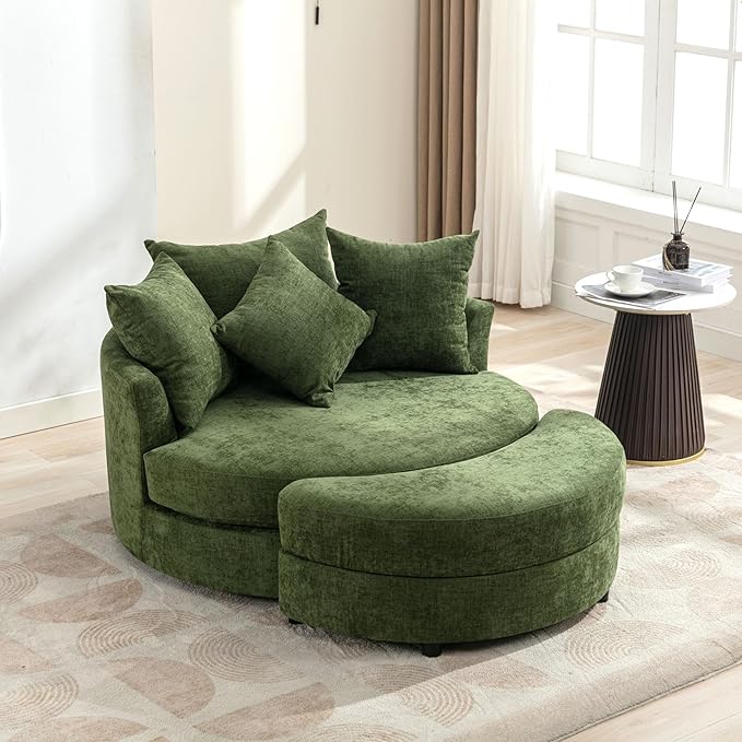 DEINPPA Swivel Round Barrel Chair with Storage Ottoman and 4 Movable Pillow Backrest 360° Round Rotating Sofa Chair for Living Room Hotel Bedroom Office Lounge (Green + Chenille+ Foam)