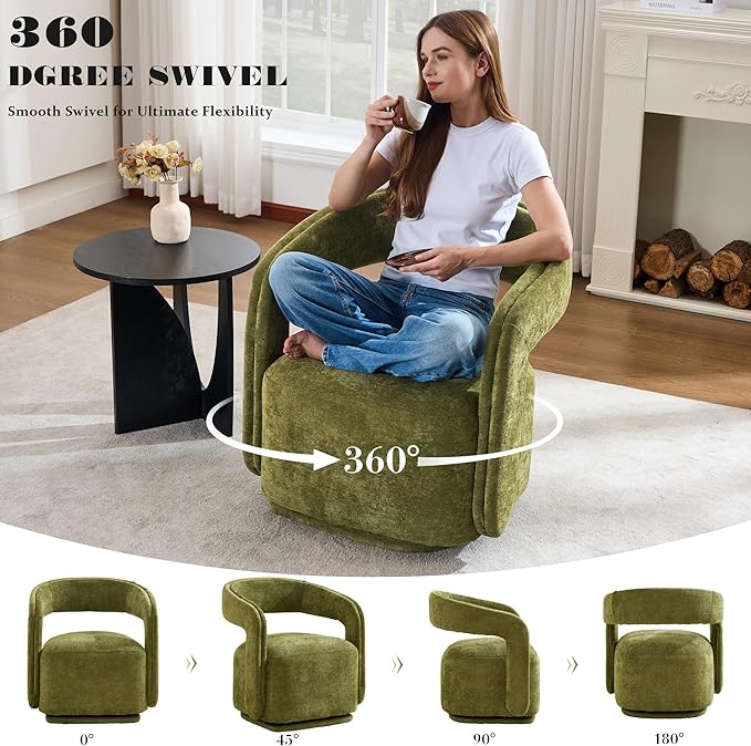 FOXHUNTER Swivel Accent ChairModern Upholstered Barrel ChairOversized Round Accent Armchair with Open BackWooden Base for Living RoomChenil Green