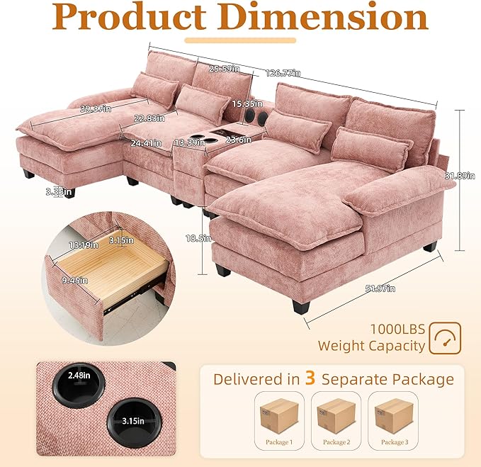 126 Modular Sectional Sofa with Storage Console Cloud Couch Chenille U-Shaped Sofa Cup Holders &amp Wireless Charger Memory Foam Double Chaise for Living Room Office Pink