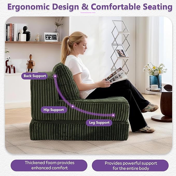 TYBOATLE Folding Sofa Bed Convertible Sleeper Chair with Back Support and Pillow Fold Out Floor Chair Bed Comfy Foldable Mattress Futon Couch for Living Room Bedroom (Forest Green Single Seat)