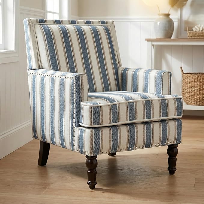 Blue Striped Accent Chair for Living Room Bedroom - Comfy Cotton Linen Reading Chair Coastal Nautical Armchair with Solid Wood Legs Easy Assembly (Striped Blue)