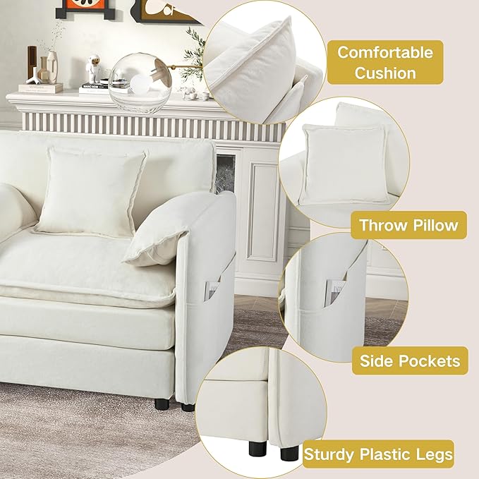 L Shaped Sectional Sofa Cloud Couch for Living Room 75 Chenille Comfy Boucle Modular loveseat Sofa Modern Upholstery Sofa with Ottoman &amp Memory Foam Beige White