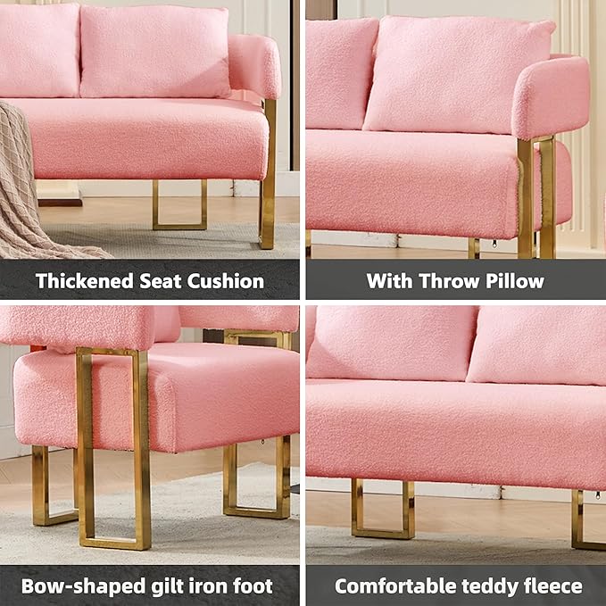 YISHENG Loveseat Sofa Modern Accent Chairs for Living Room with Golden Metal Legs Soft Teddy Upholstered Reading Armchairs no Wheels for Reception Room//Bedroom/Lounge/Office Pink