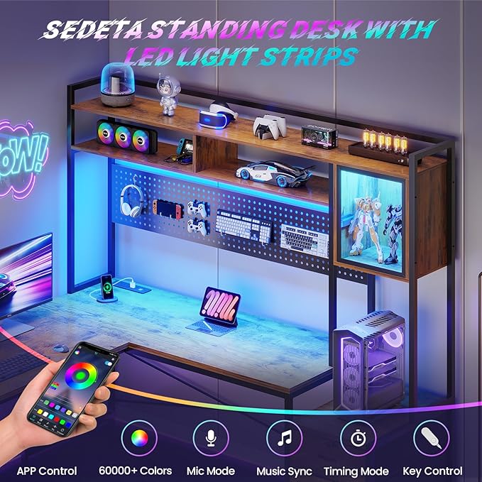 SEDETA L Shaped Gaming Desk with 6 Drawers Reversible Computer Office Desk with File Drawer Hutch Storage Shelves Gaming Corner Desk with Led Lights Power Outlet for Two Person Rustic Brown
