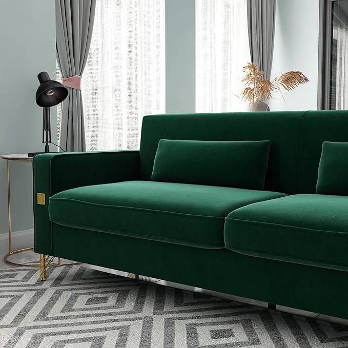 KEIKI 86 Oversized Luxury Velvet Sofa with Armrest and Removable Plush Cushions Modern Style Gold Accents 3-Seater Couch with Solid Legs Easy Assembly for Living Room Apartment Green