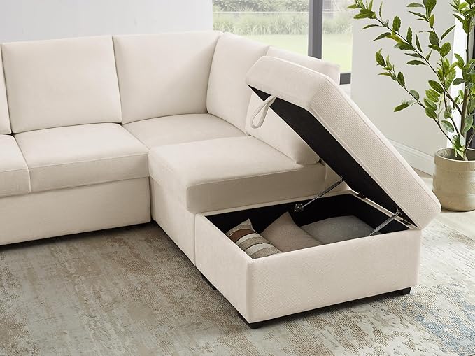 VANOMi 94 Sectional Sleeper Sofa with Pull Out Couch Comfy 6 Seater L Shaped Modular Sofa with Storage Ottoman Modern Convertible Chenille Cloud Couches for Living Room Apartment Beige
