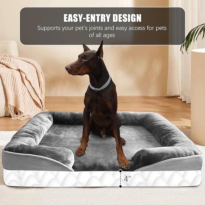 Orthopedic Dog Bed with Sides - Dog Sofa Beds for Extra Large Dogs Supportive Foam Pet Couch Bed with Washable Removable Cover Waterproof Lining and Non-Slip Bottom Grey - XXL