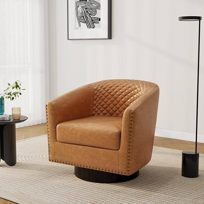 Pia Ricco Faux Leather Swivel Barrel Accent Chairs 360° Swivel Round Single Sofa Chair Comfy Upholstered Club Armchair with Nailhead Trim for Living Room/Reading Room/Bedroom Coffee