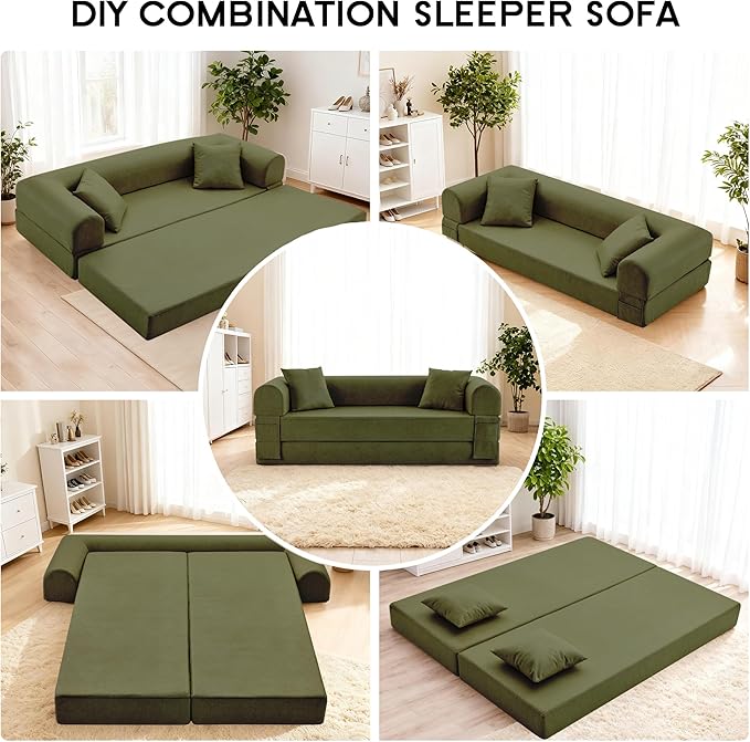 78.5 Convertible Sleeper Sofa Bed Faux Leather Deep Seat Folding Floor Sofa with Pullout Bed &amp 2 Pillows No Assembly Modern Boneless Couch Compression Sofa in Box for Living Room Office Green