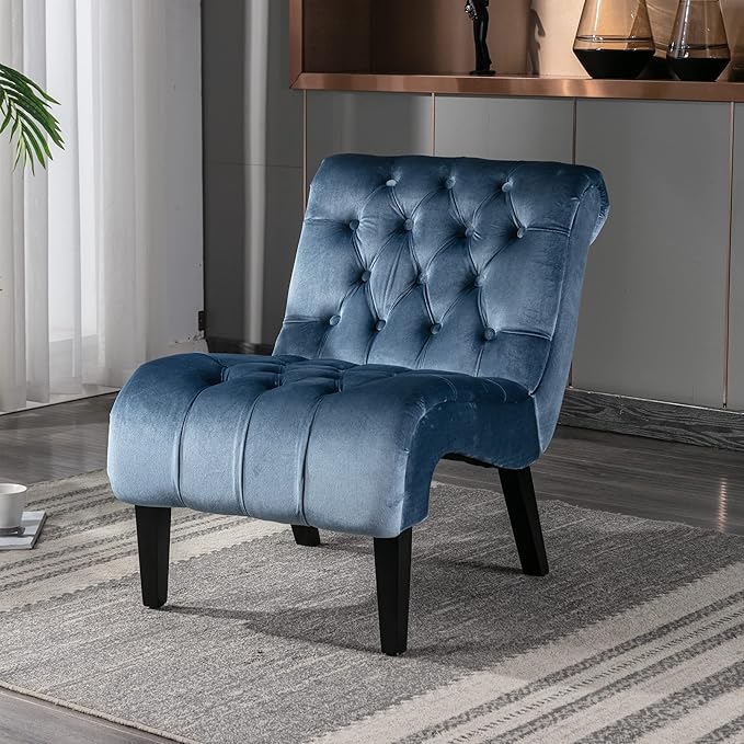 Yoluckea Modern Upholstered Accent Chair S-Shape Armless Lounge Chair for Bedroom Living Room Comfy Velvet Chaise Chairs with Button Tufted Back and Solid Wood Legs Light Blue