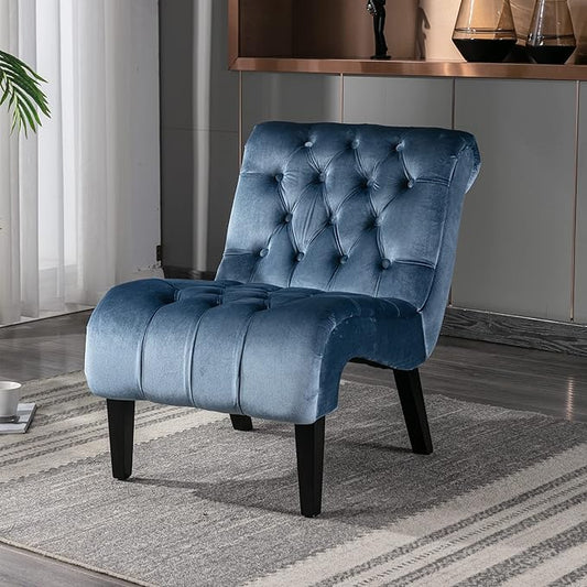 Yoluckea Modern Upholstered Accent Chair S-Shape Armless Lounge Chair for Bedroom Living Room Comfy Velvet Chaise Chairs with Button Tufted Back and Solid Wood Legs Light Blue