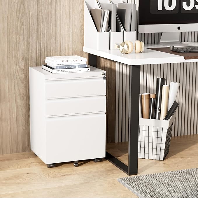 Greenvelly 3 Drawer Mobile File Cabinet with Lock Fully Assembled Rolling File Cabinet Except Casters Under Desk File Cabinet with Wheels for Home Office Fit Legal/Letter/A4 File (Assembled White)