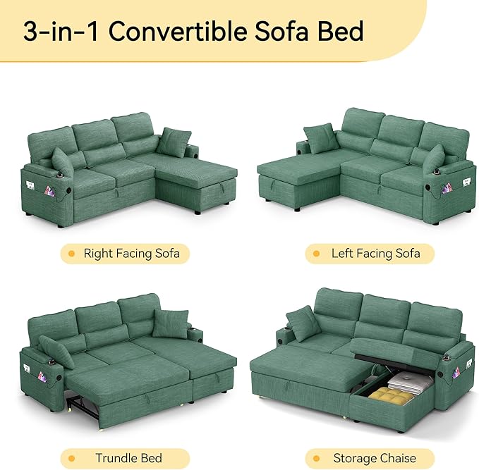 Pull Out Couch L Shaped Convertible Sleeper Sofa Bed with Hidden Storage for Living Room Apartment 3-in-1 Linen Sectional with Side Pocket Charging Station Cup Holder (Green)