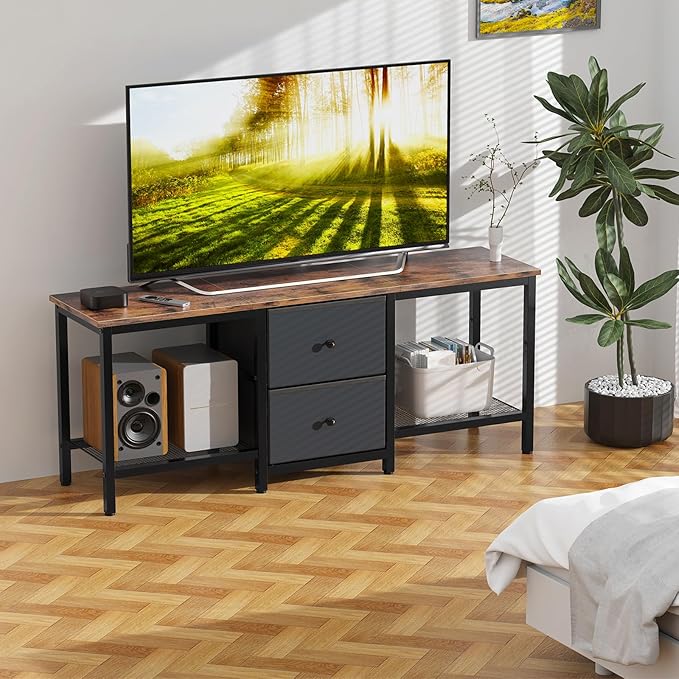 TV Stand Suitable for TVs up to 55 Inches Entertainment Center with Storage Drawers and Shelves Media Console Table for Living Room and Bedroom (Brown Black)
