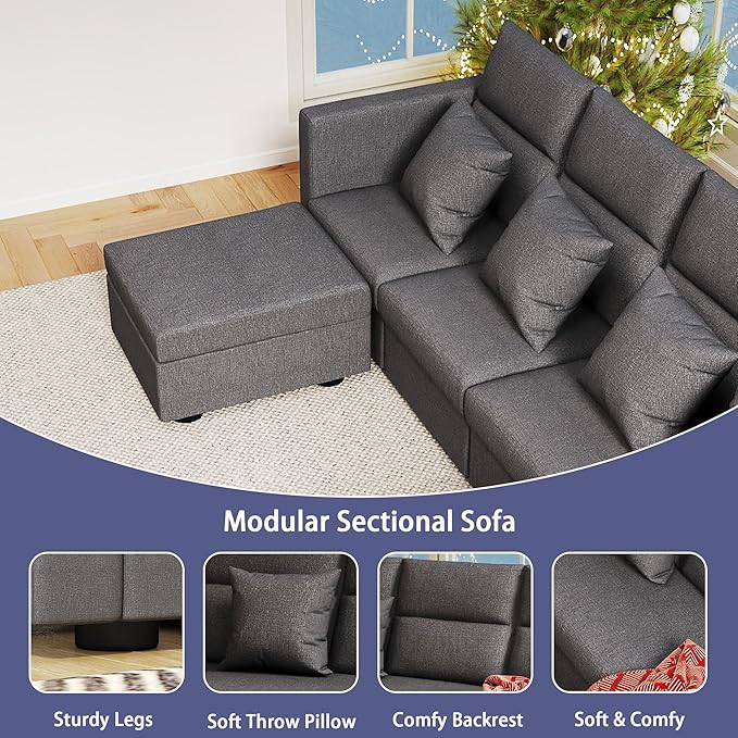 L Shaped Sectional Couch: Grey Modular Sectional Sofa with Ottoman Modern Linen Seater Couch Comfy Cloud Couches for Living Room and Apartment (82-3 Seat &amp Ottoman)
