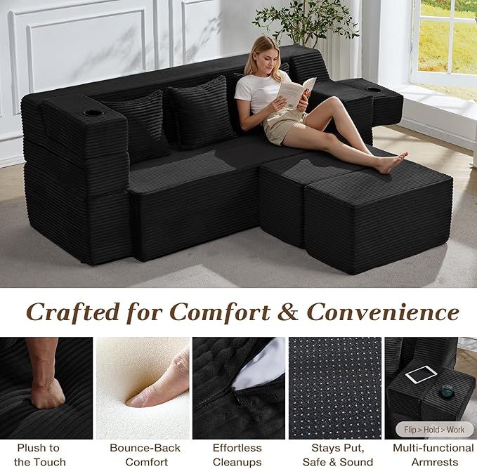 Folding Sofa Bed 78.7”Full-Length Floor Sleeper Couch Full Size Folding Sofa Bed with 2 Ottomans 3-in-1 Convertible Foam Futon No Assembly Sleeper Couch for Living Room Bedroom Small Space Black