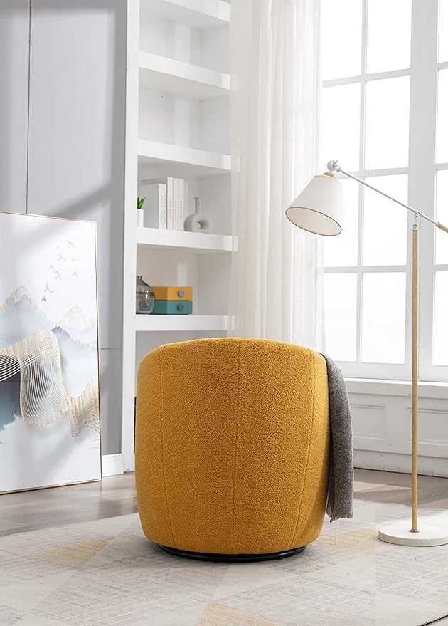 kevinplus Swivel Barrel Chair Accent Armchair for Living Room Bedroom 360 Degree Modern Round Upholstered Single Sofa Couch Chair Cozy Small Swivel Chair for Apartment Teddy Fabric Yellow