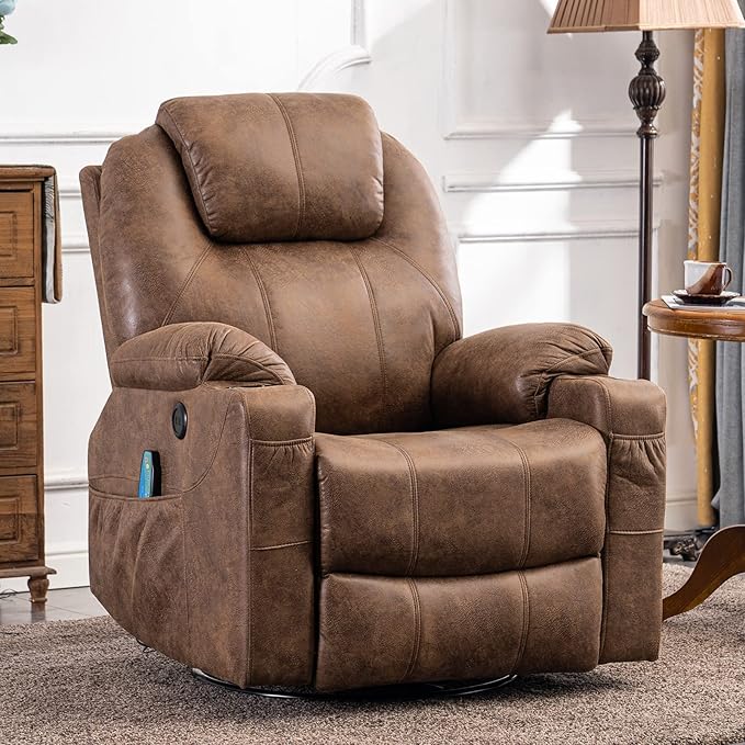 Manual Swivel Glider Rocker Recliner Chair with Heated Massage Ergonomic Lounge 360 Degree Swivel Sofa Seat with 2 Cup Holders Side Pockets &amp USB Ports for Living Room Brown