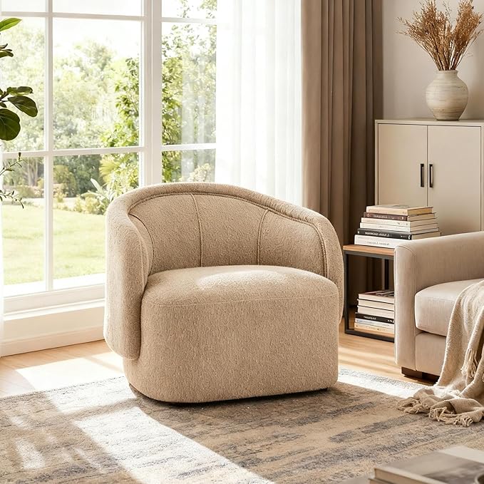 Scott Living Amanda Carly Low Profile Accent Chair Round Backrest Side Chair Living Room Armchair with Boucle Fabric Cushion Comfy Reading Chair for Bedroom Wooden Single Lounge Sofa Dark Beige