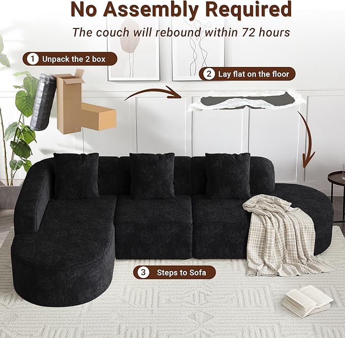 112 L Shaped Curved Sofa Modular Sectional Couch with Chaise Boneless Couch for Living Room Modern Comfy Long-Pile Polyester Fabric Cloud Sofa with Three Pillows No Assembly (Black 112 Left)